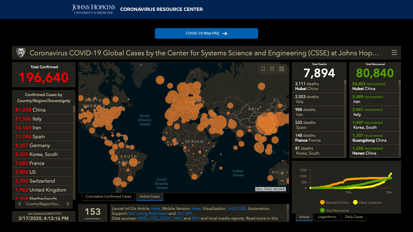 Johns Hopkins Coronavirus Map - March 17, 2020