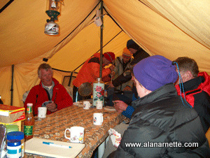 Inside a commercial expedition dining tent