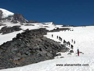 Walking up the snowfields towards camp Muir