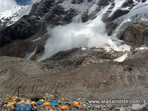 Avalanche off Pumori next to Everest South Base camp in 2002