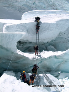 Climbers at the top of the Icefall in 2003
