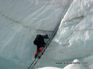 Climbing ladders in the Ice Fall